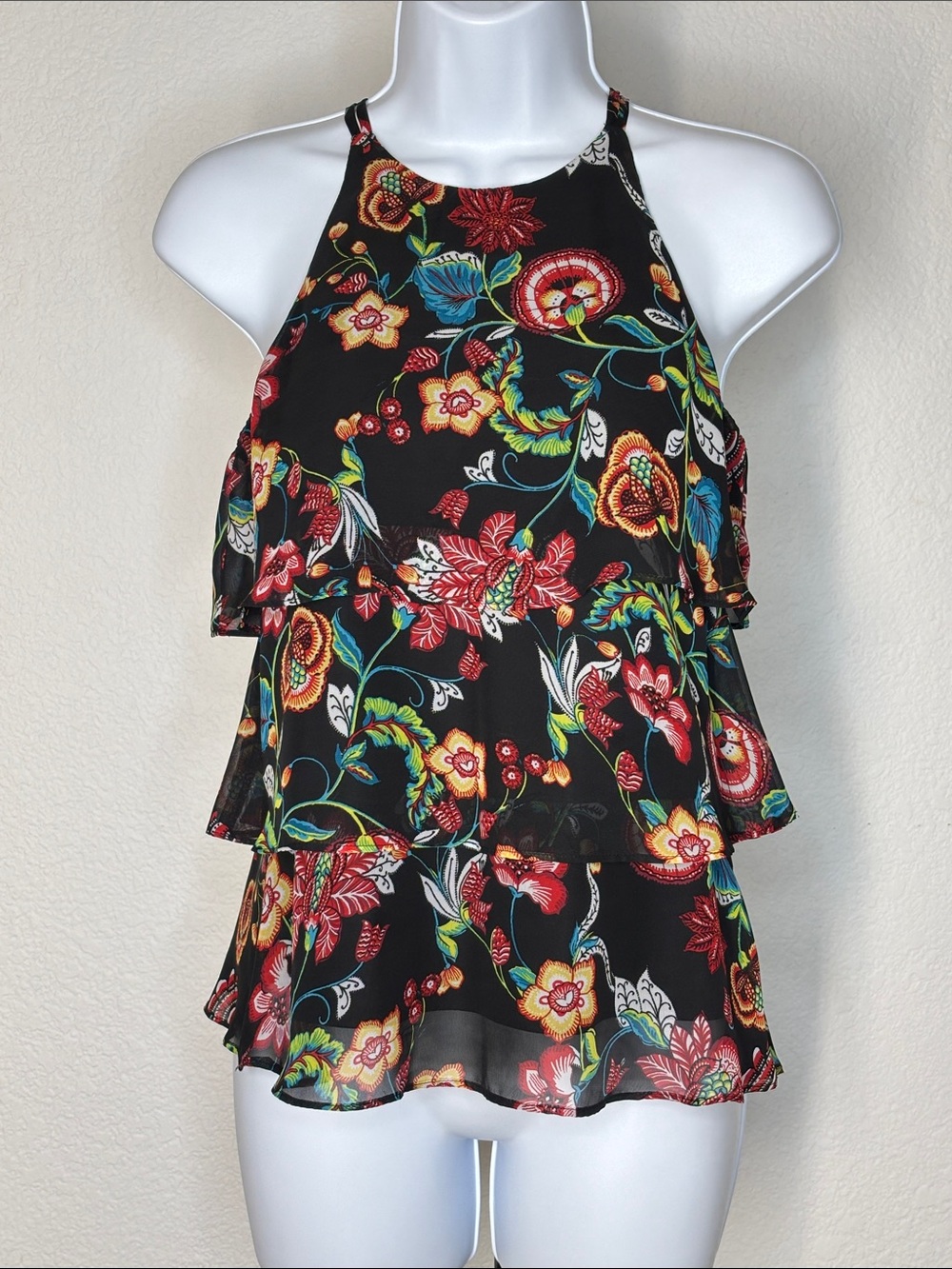 by & by Black Floral Ruffle Tiered Halter Camisole